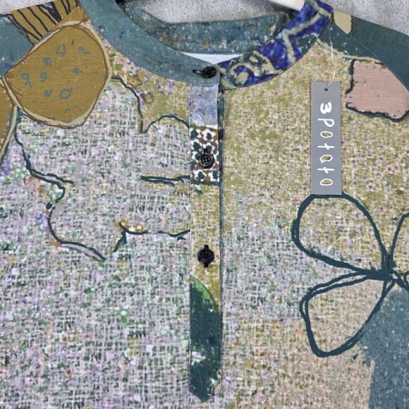 3Potato Dress Womens Medium Green Blue Abstract Floral Print Tunic Pockets Boho - Picture 2 of 14